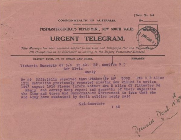 'Pink' Bereavement telegram, WW1 (AWM Image) The Mother