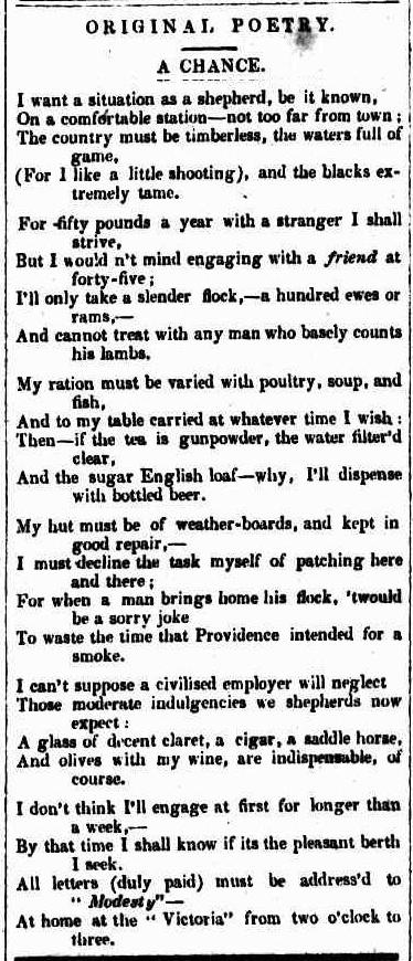 Moreton Bay Courier 30 October 1847, p3. (Trove Image) A Chance
