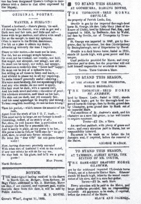 Poem and adjoining advertisements, MBC, 12 August 1848. (Trove Image)  Wanted: a husband